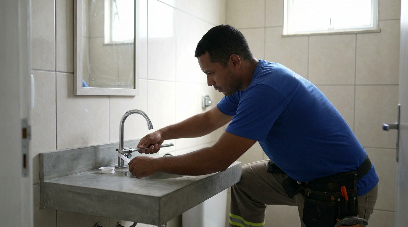 Encanador instalando torneira em Maringá‑PR