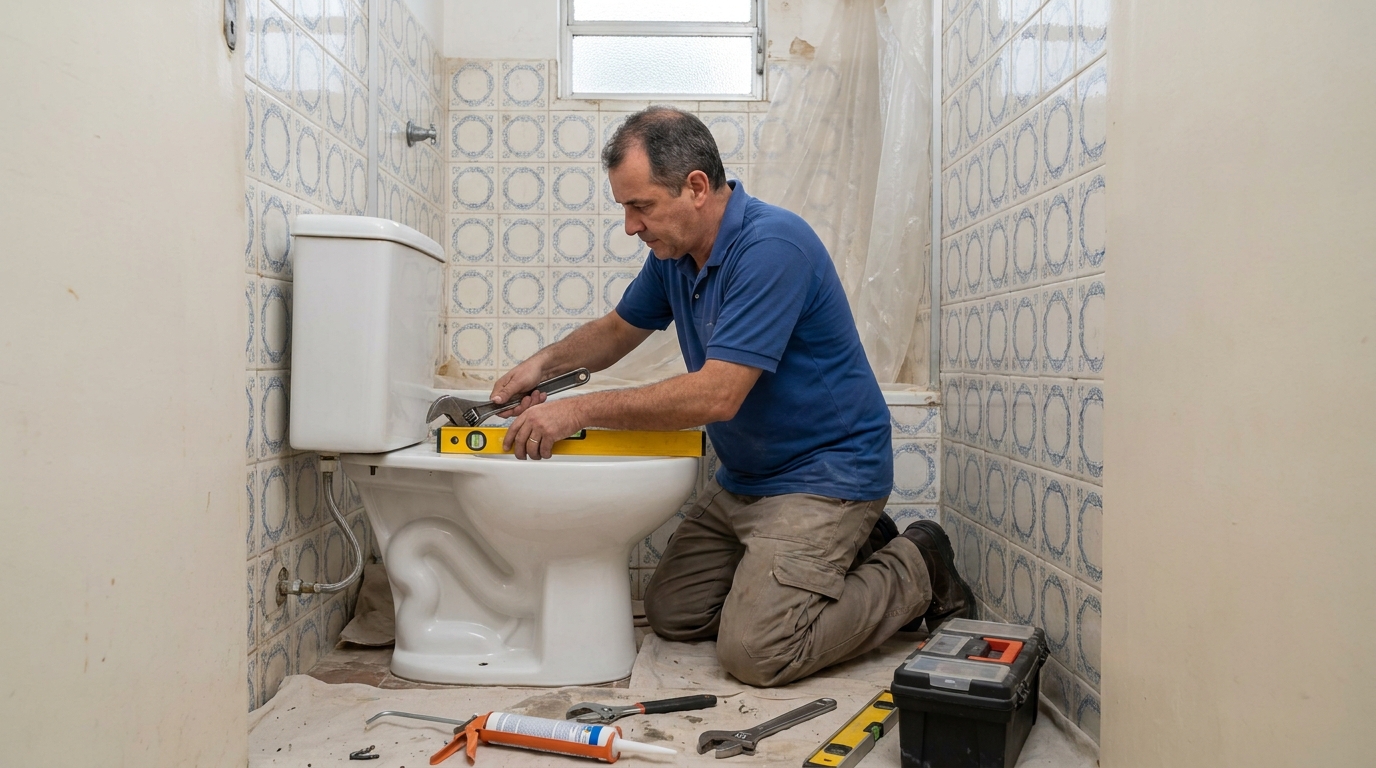 Técnico instalando vaso sanitário em Maringá‑PR